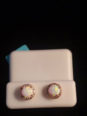 Opal Halo Sterling Silver Stud Earrings With Gold Overlay